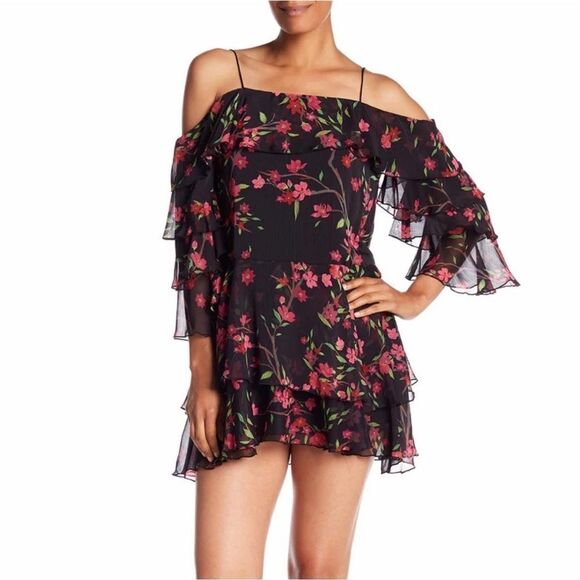 Alice + Olivia Lexis Cold Shoulder Tiered Mini Dress Floral Black Size 6 - Picture 1 of 11